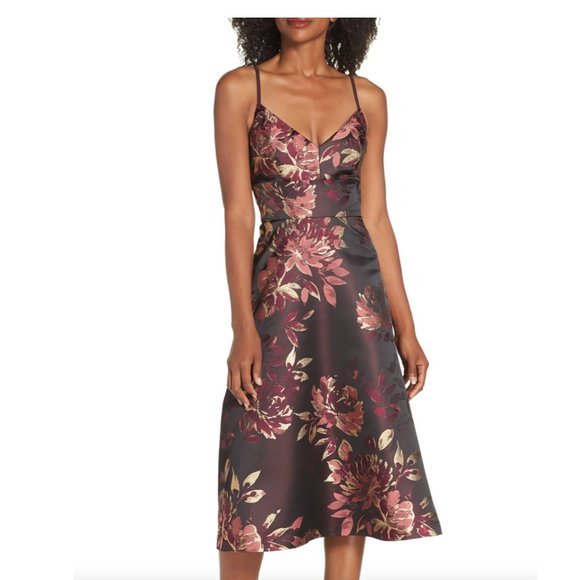 Eliza J Metallic Floral Midi Dress Burgundy Wine 6 - Picture 1 of 12